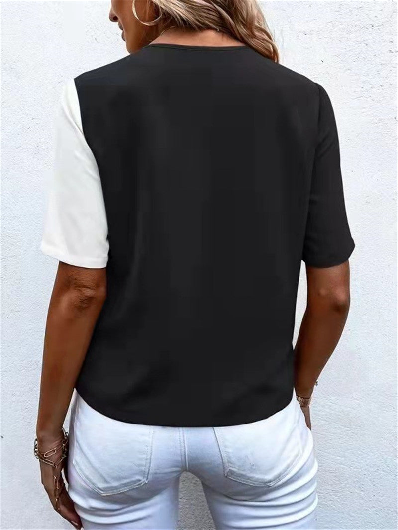 V-neck Chiffon Contrast Color Short Sleeve Shirt Top