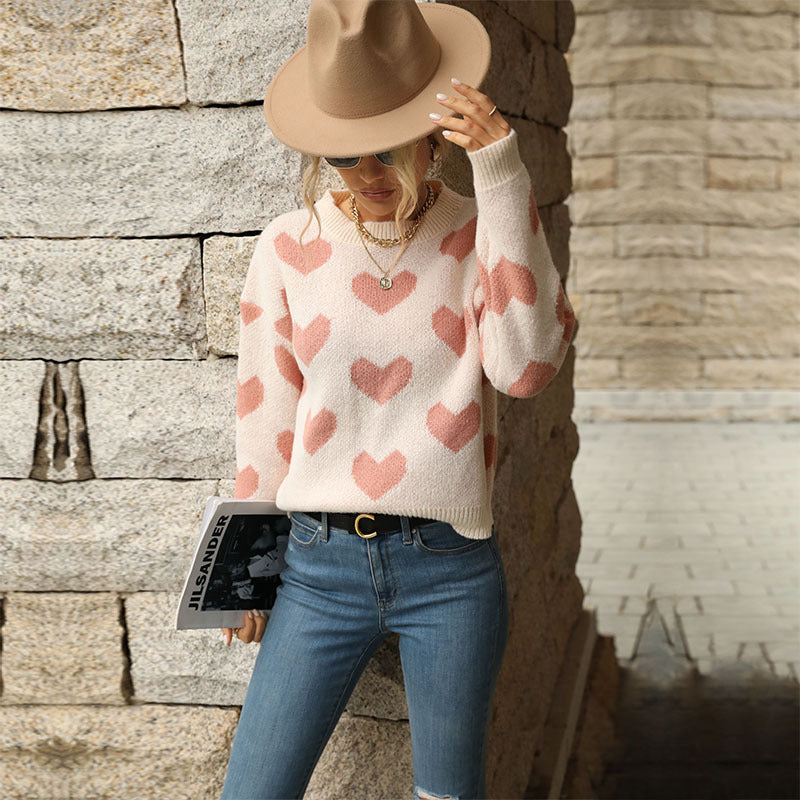 Fashionable Knitted Casual Love Long Sleeved Pink Sweater
