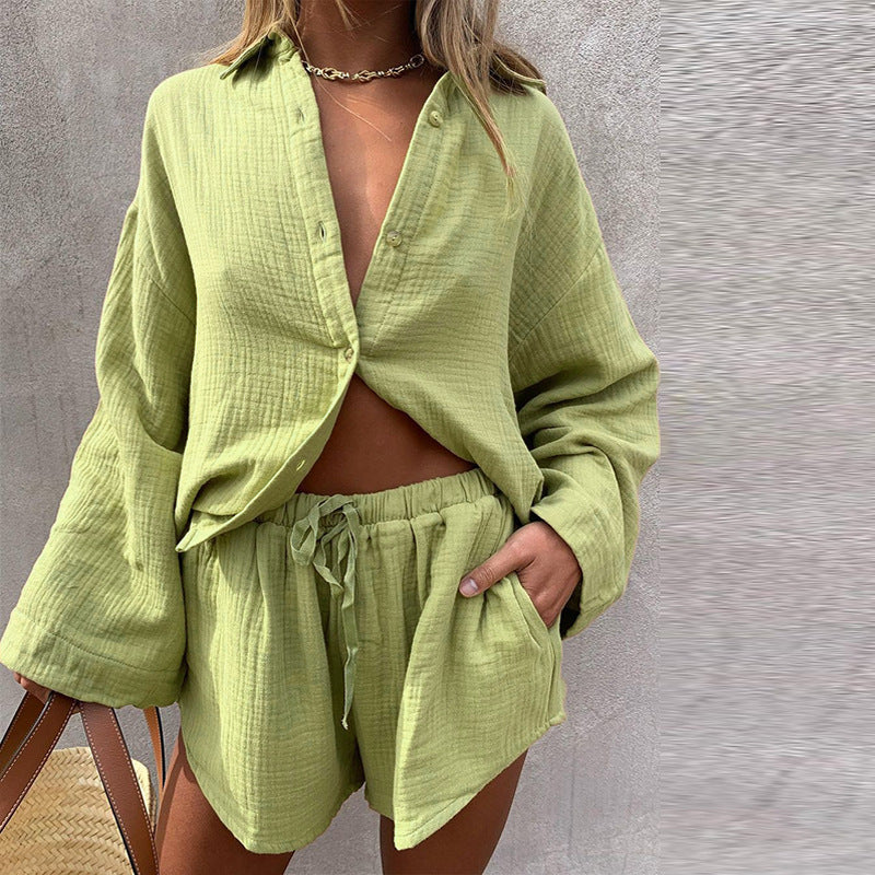 Loose Long Sleeve Shirt Casual Shorts Two-Piece Suit