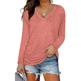 Long-sleeved V-neck pleated casual top