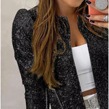 Women Stand Collar Colorful Sequined Short Casual Jacket