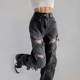 Hip-lift straight casual trousers asymmetric ripped jeans