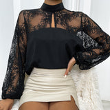 Black Lace Stitching Sexy Pullover Stand Collar Shirt