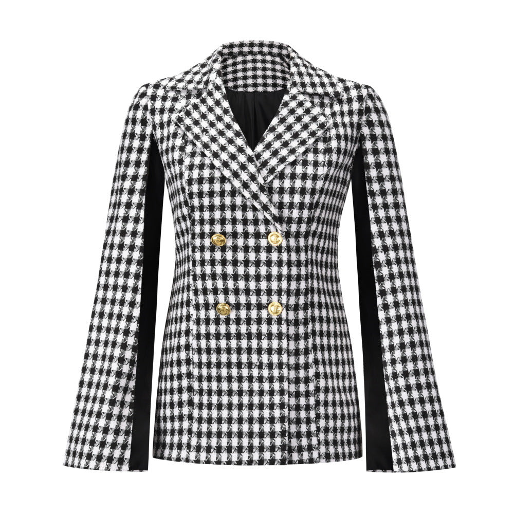 Blazer Houndstooth Design Small Coat Hepburn Graceful Tweed