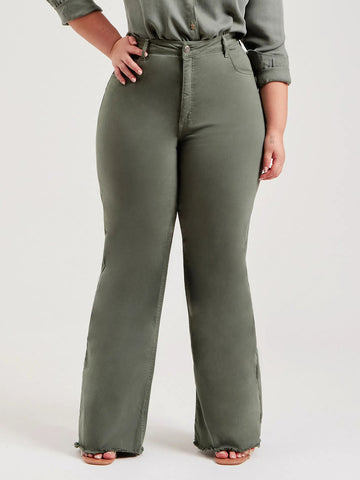 Olive Green Slim Fit Stretch Frayed Flared Pants Jeans