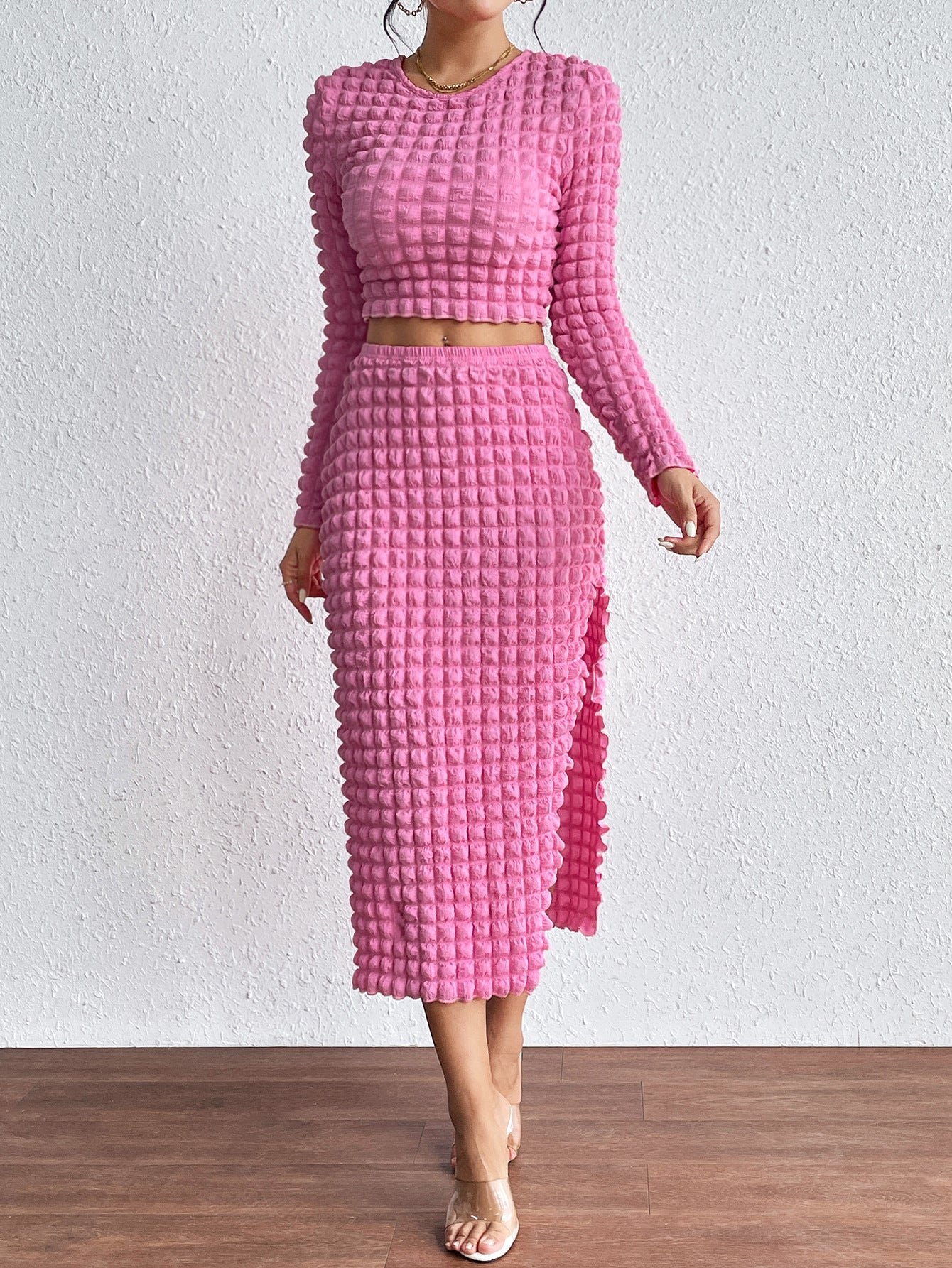 Pink Popcorn Skirt Set Cropped Outfit