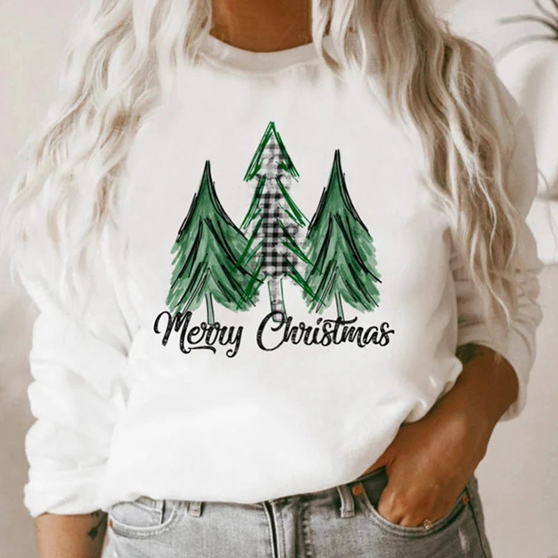 white long sleeve Christmas graphic print crew neck sweater
