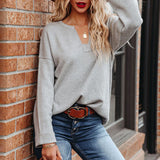 Solid V-neck Roll-sleeve Sweater for Women