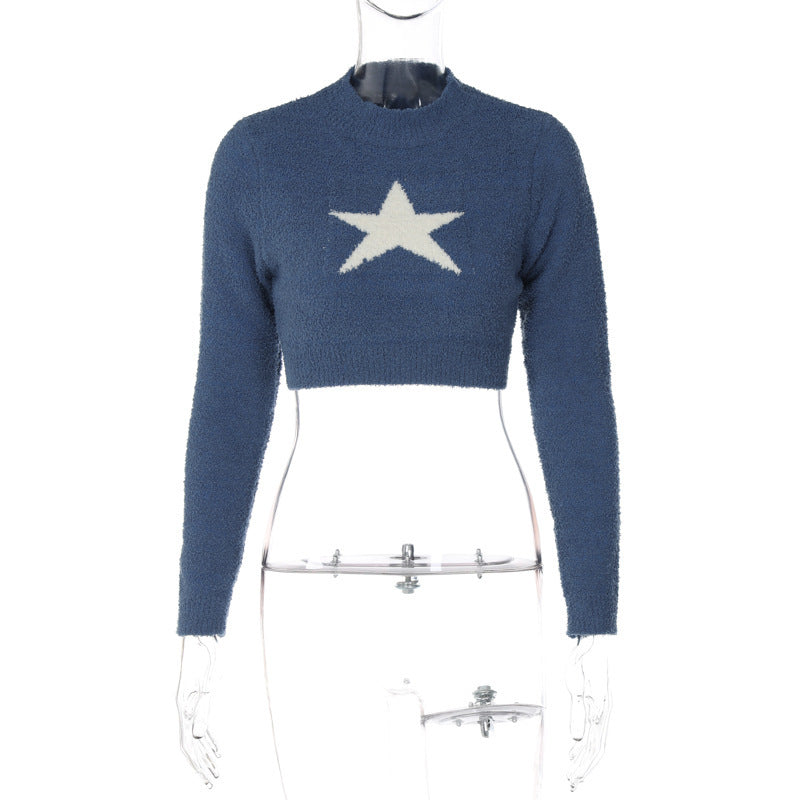 Women's Star Pattern Long-Sleeve Cropped Knit Top