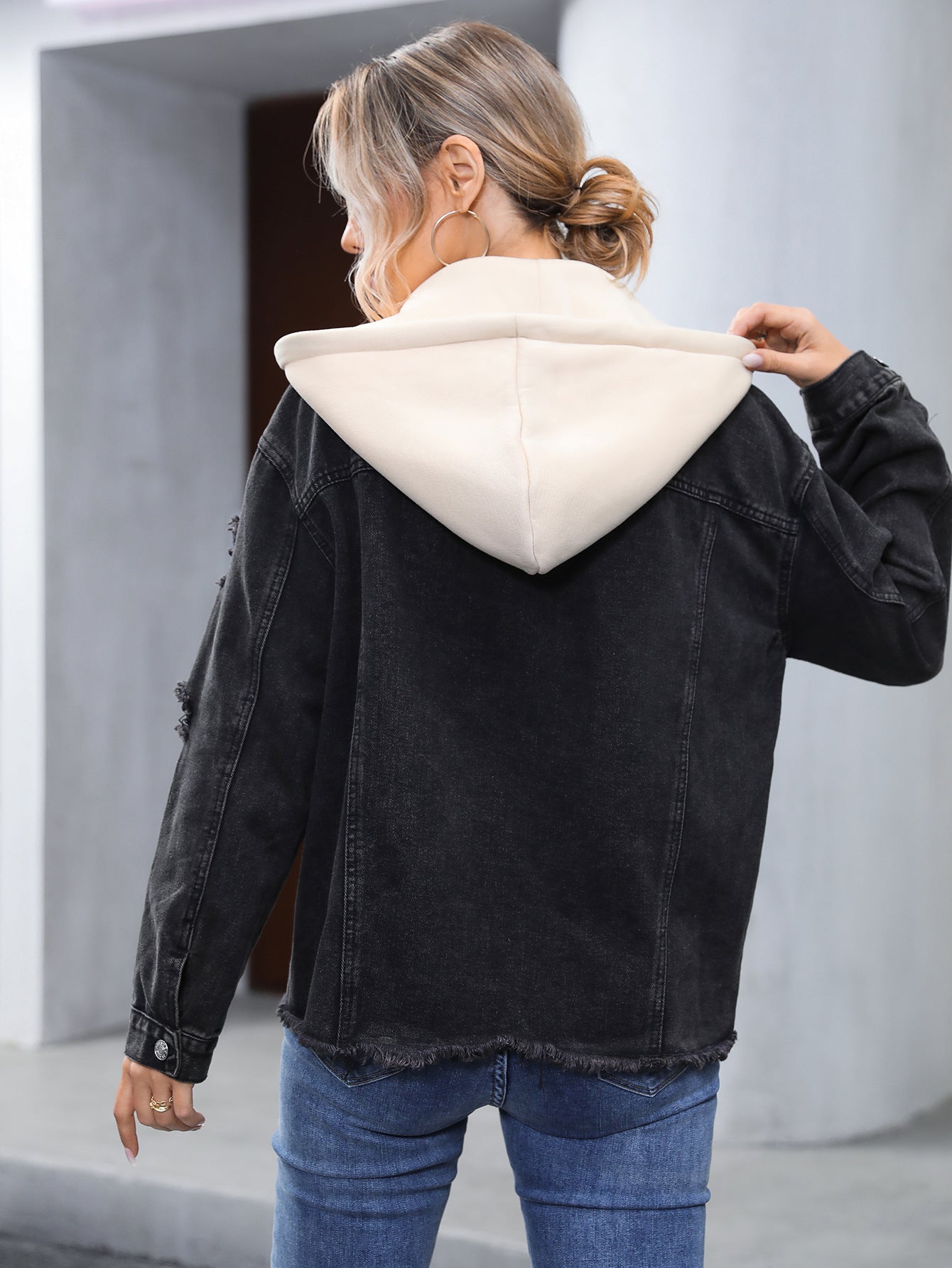 Black Denim Jacket with hood for Women
