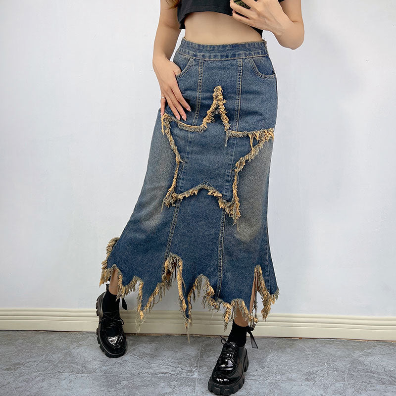Retro High Waist Asymmetric Denim Skirt for Women