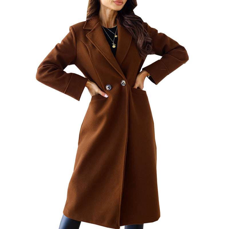 Simple Solid Color Long Sleeve Collared Button Woolen Coat