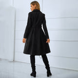 Double-breasted belted woolen black overcoat for women