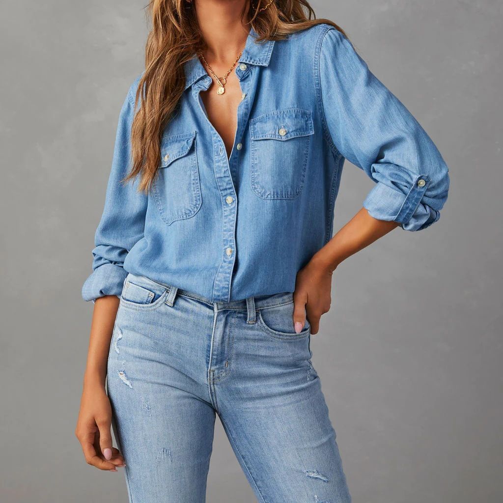 Casual Collared Single Breasted Long Sleeved Denim