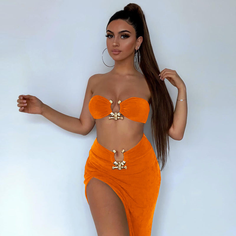 Two Piece Set Women Tube Top Open Cropped Backless Skirt