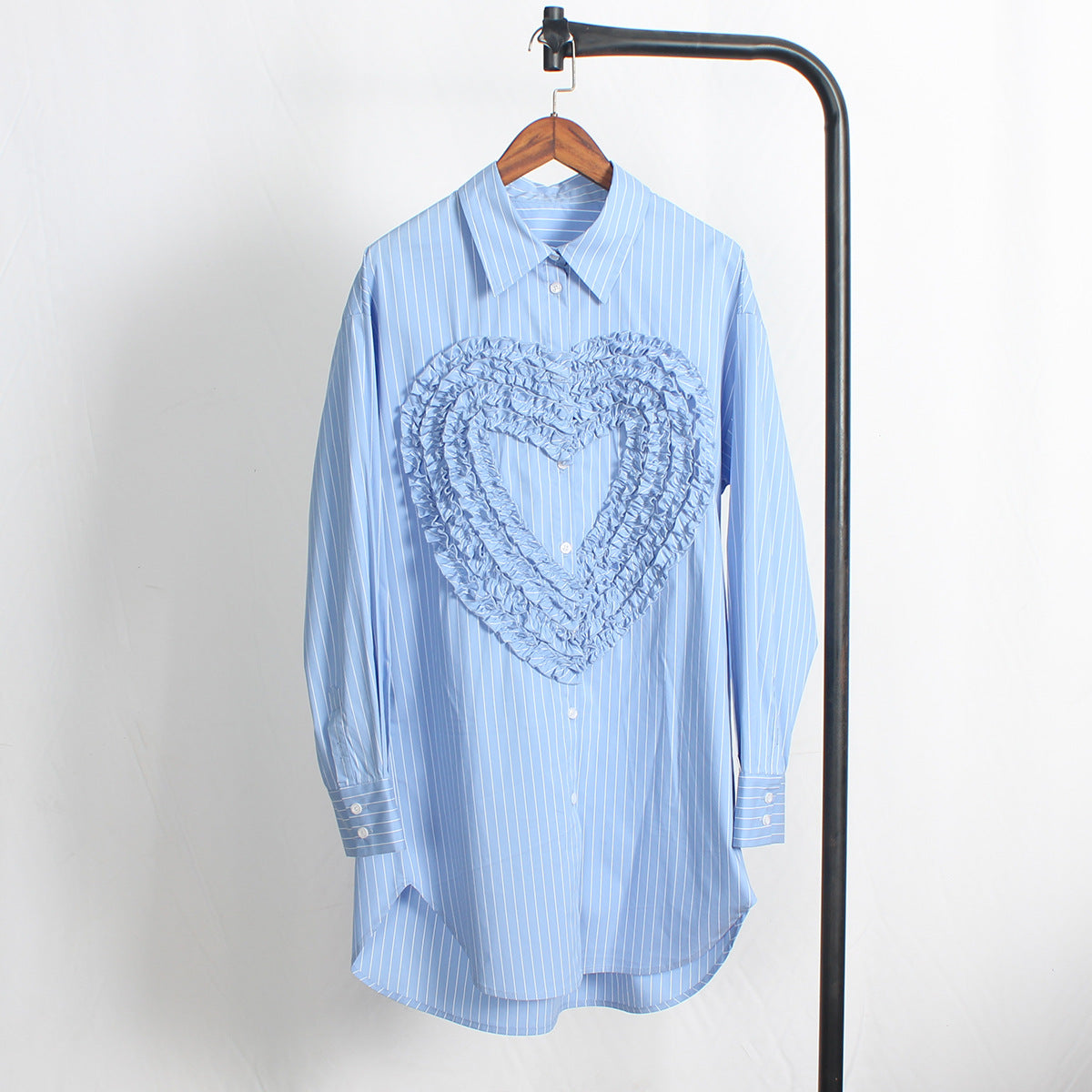 Sky Blue Striped Long Love Heart Loose  Oversize Shirt