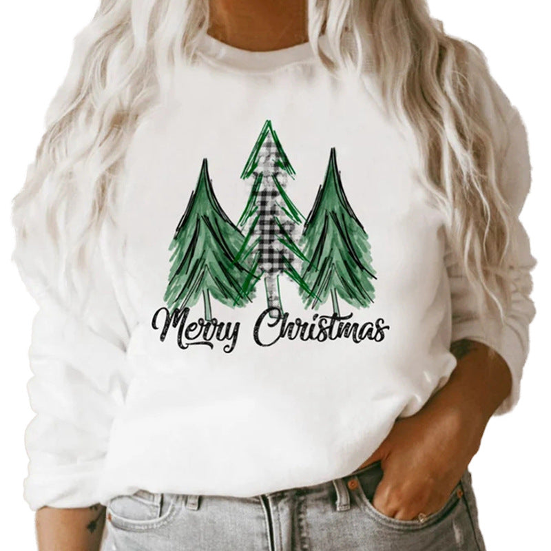 white long sleeve Christmas graphic print crew neck sweater