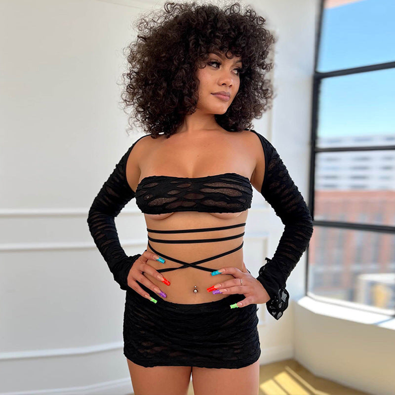 Sexy Tube Top Ultra Short Lace-up Hip Skirt Set