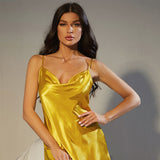 Yellow Silk Mid-Length Sexy Homewear Suspender Skirt