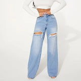 Ripped Washed High Waist Wide Leg Trousers Loose Jeans Pocket