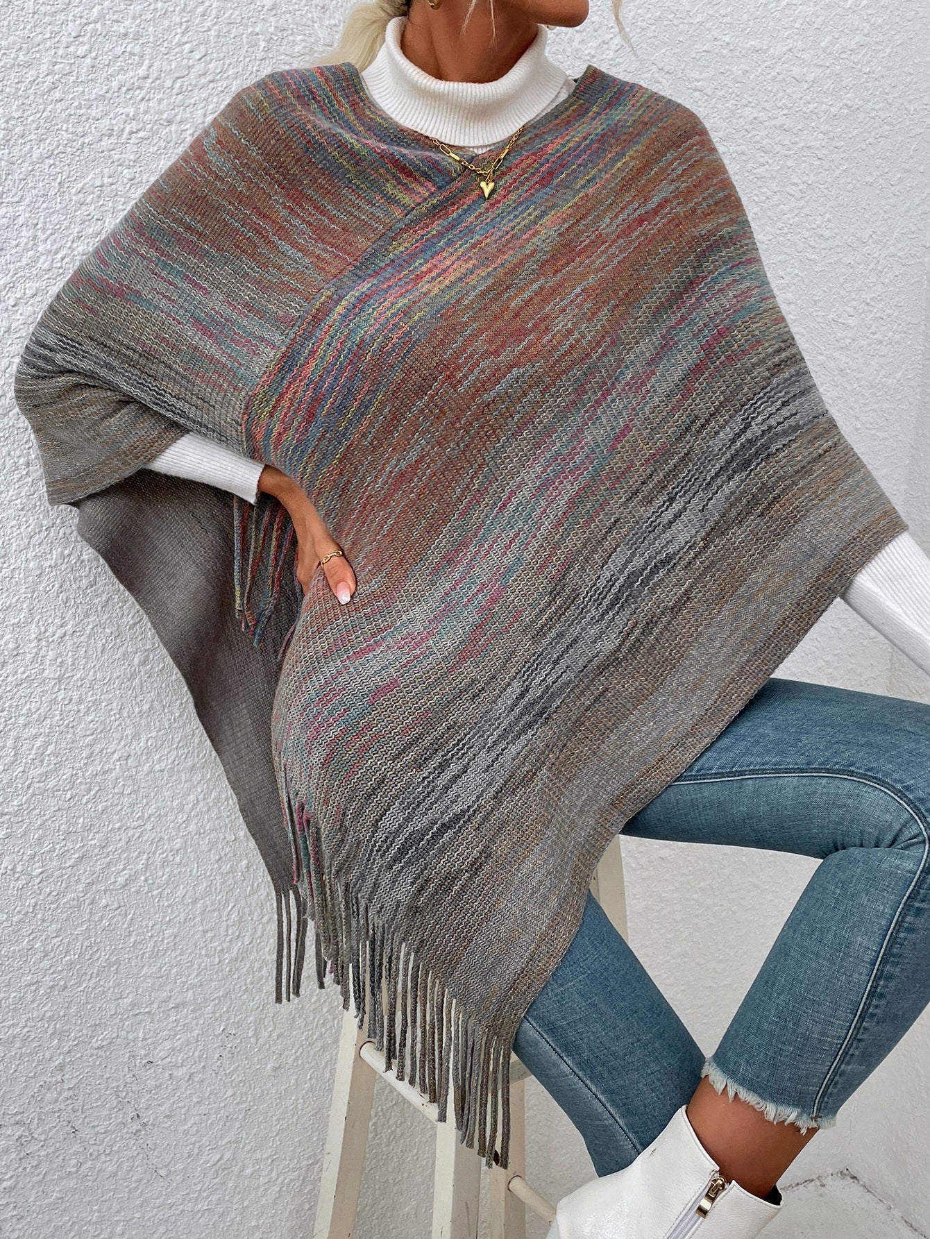 Multicolored Sweater Tassel Shawl