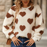 Heart Printed Crew Neck Pullover Sweatshirt For Women