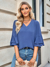 Solid Color Loose V neck Ruffle Top Women
