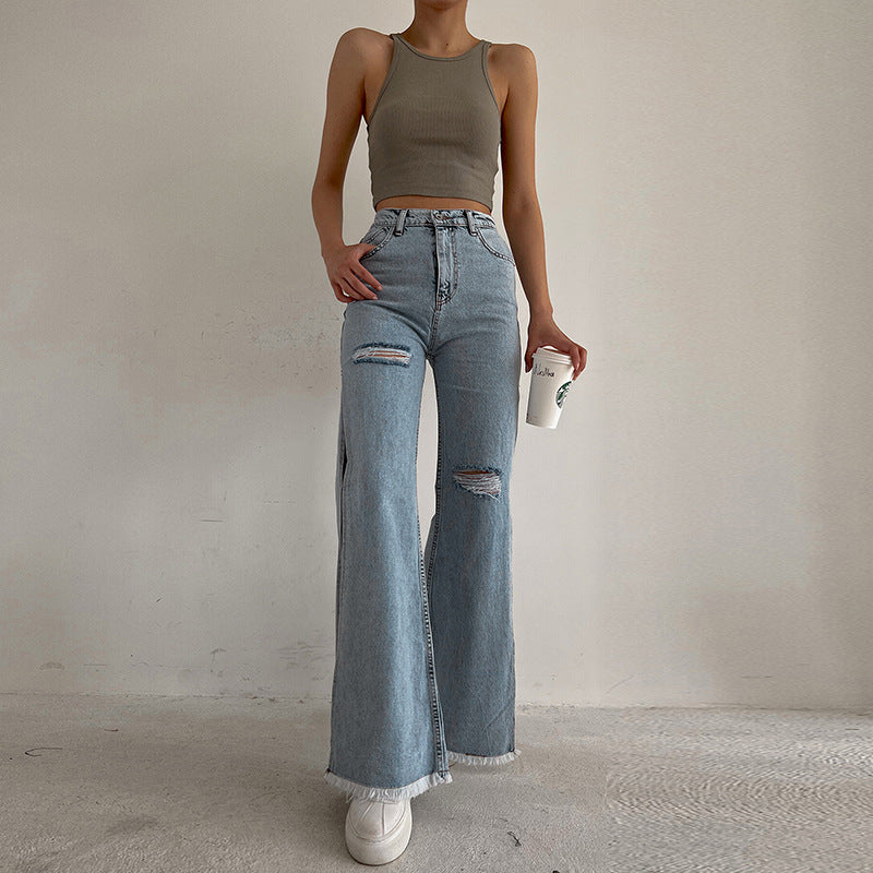 High Slit Ripped Jeans Washed Blue Casual High Waist