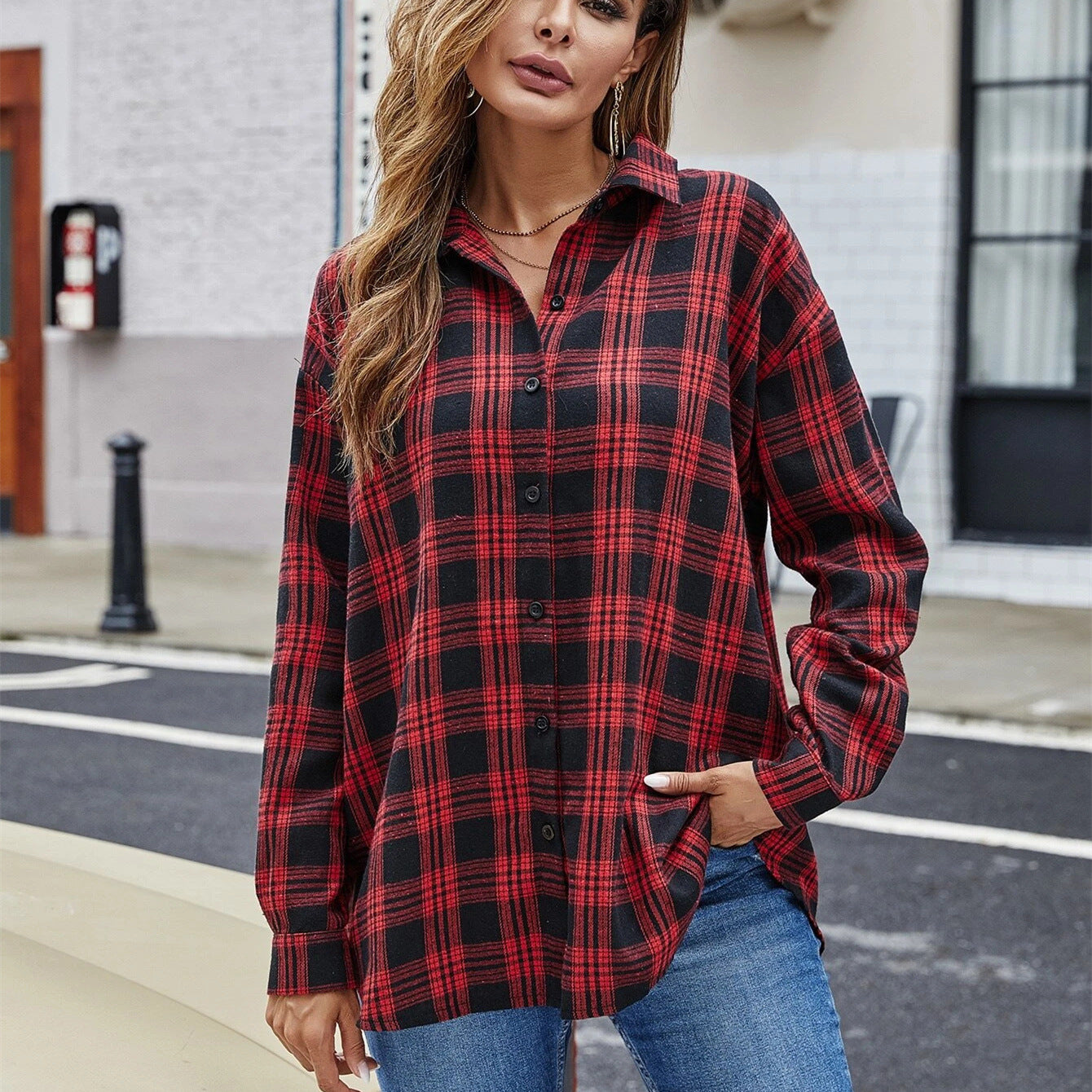 Hipster Plaid Shirt with Single-Breasted Collar for Women