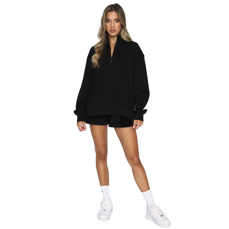 Solid Color Long Sleeve Zipper Sweater Women Shorts Set