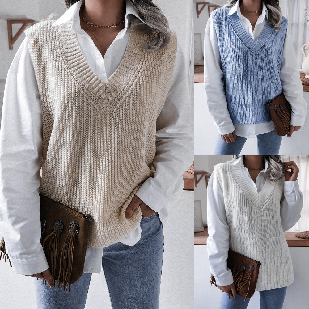 V-neck loose knit sweater vest jacket women