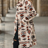 Women Single Breasted Ethnic Print Plush Long Overcoat