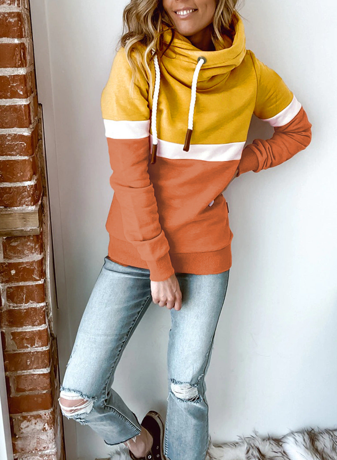 Color block Casual Pullover Hooded Sweater for Women