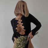 Long Sleeved T-shirt Tie Bodysuit Sexy Hollow Out Cutout