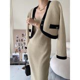 Two-piece knitted dress and cardigan set; slim-fit suit