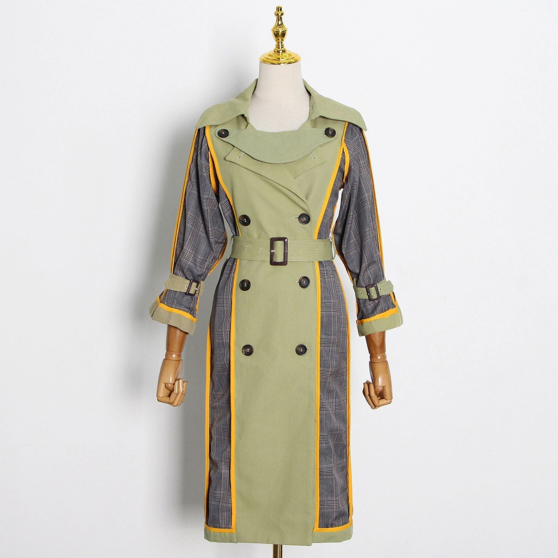double-breasted plaid mid-length baggy trench coat