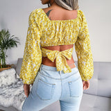 Cropped Lantern-Sleeve Floral Chiffon Shirt