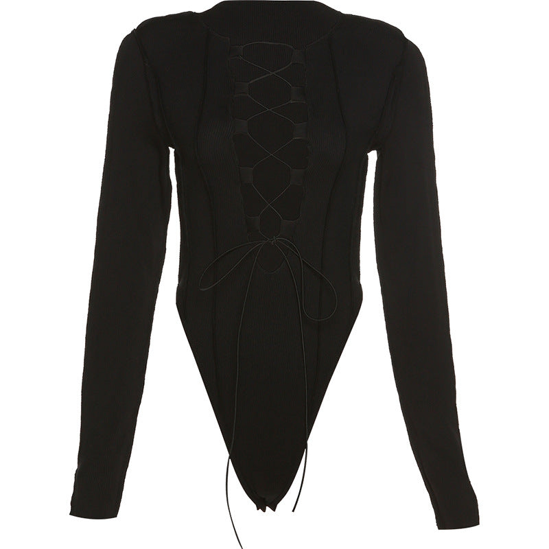 Long Sleeved T-shirt Tie Bodysuit Sexy Hollow Out Cutout