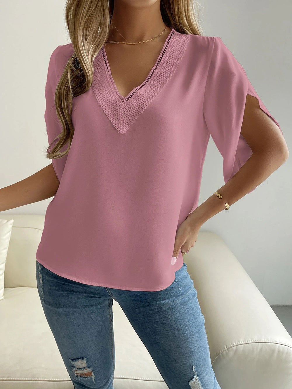 Women V neck Lace Solid Color Short Sleeve Chiffon Shirt