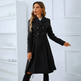 Double-breasted belted woolen black overcoat for women