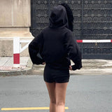 Black Zipper Split Printed Plush Hoodies For Women