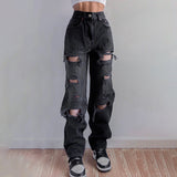 Hip-lift straight casual trousers asymmetric ripped jeans
