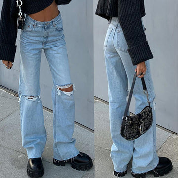 wide leg denim jeans Ripped Bootcut for Women