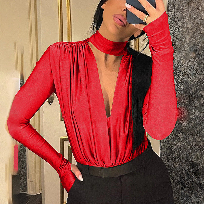 Sexy V neck Slim Bottoming Stitching Long Sleeve Jumpsuit