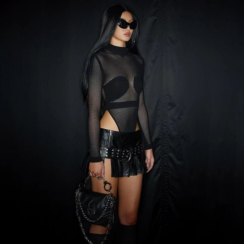 Sexy see-through jumpsuit mesh slim fit base tee