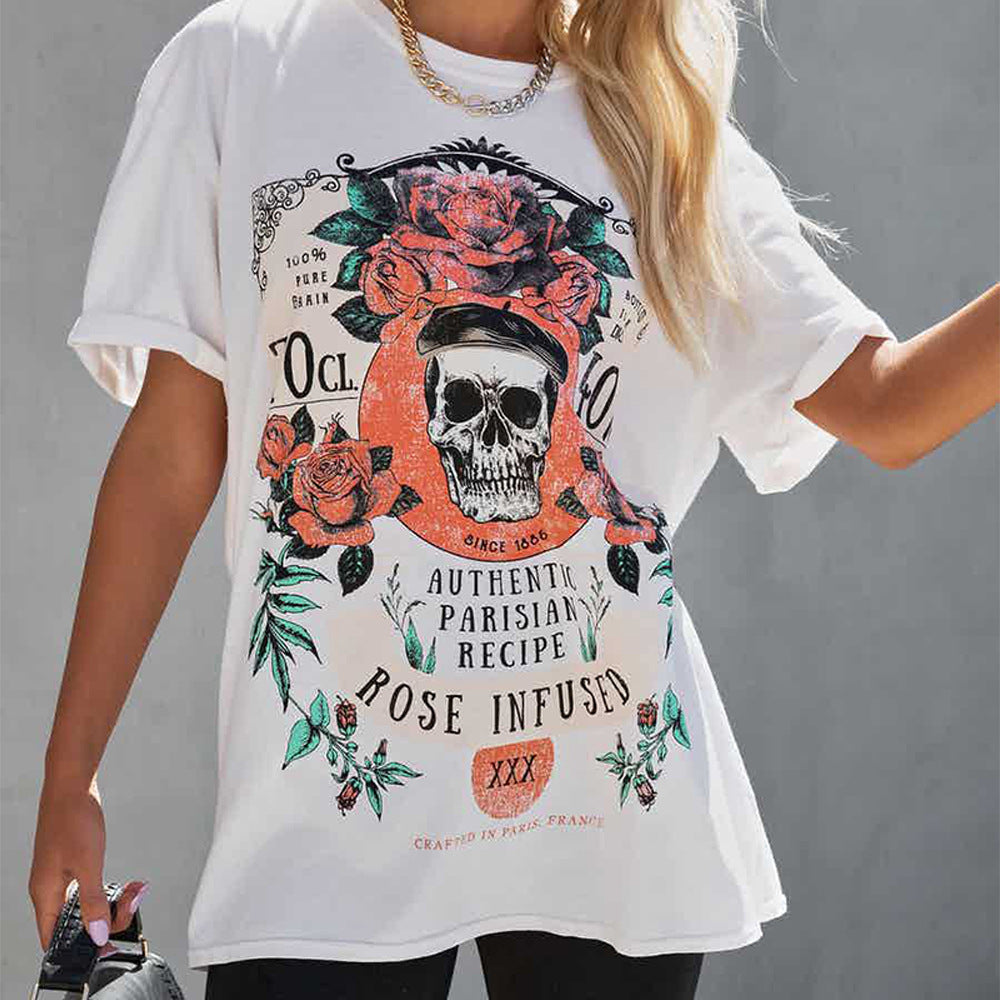 Printed round neck short sleeve loose-fitting casual T-shirt