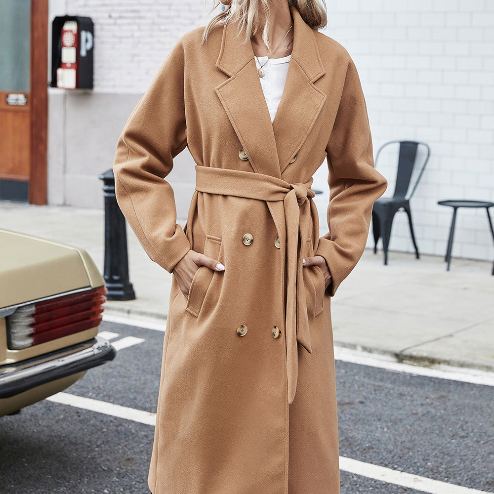 Mid-length double-breasted wool coat for women