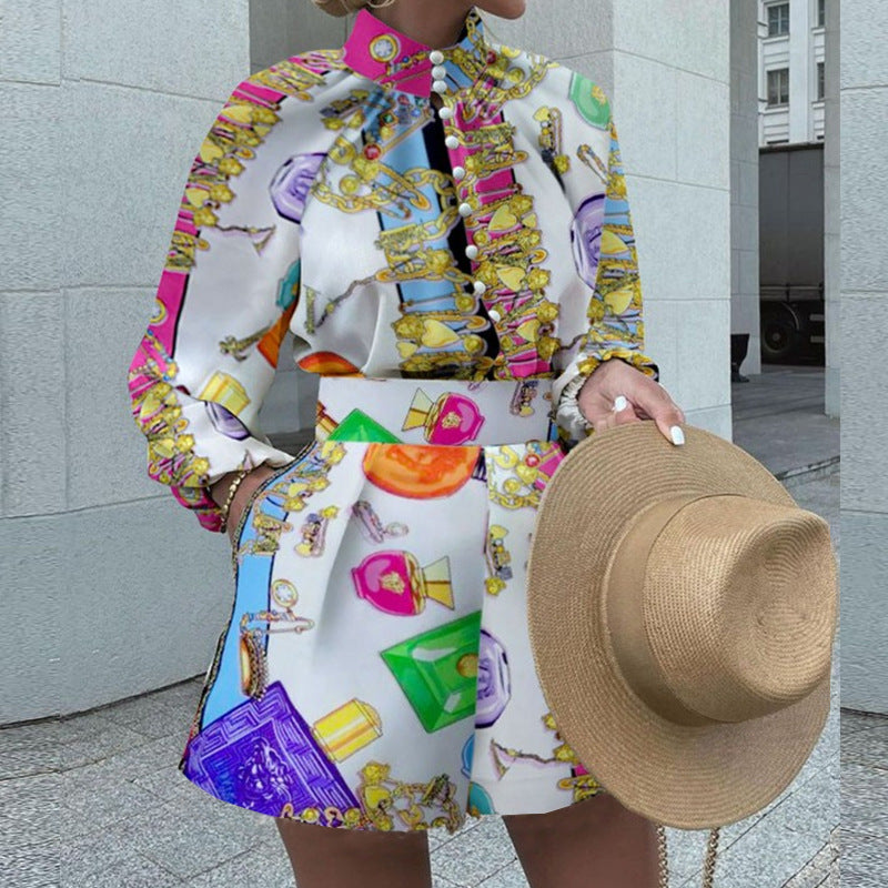 Printed Long-Sleeved Top Shorts Suit Two-Piece Set