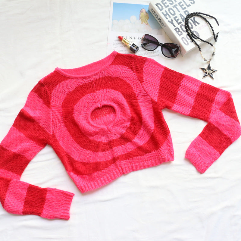 Pink Striped Love Sexy Cutout Slim Fit Sweater