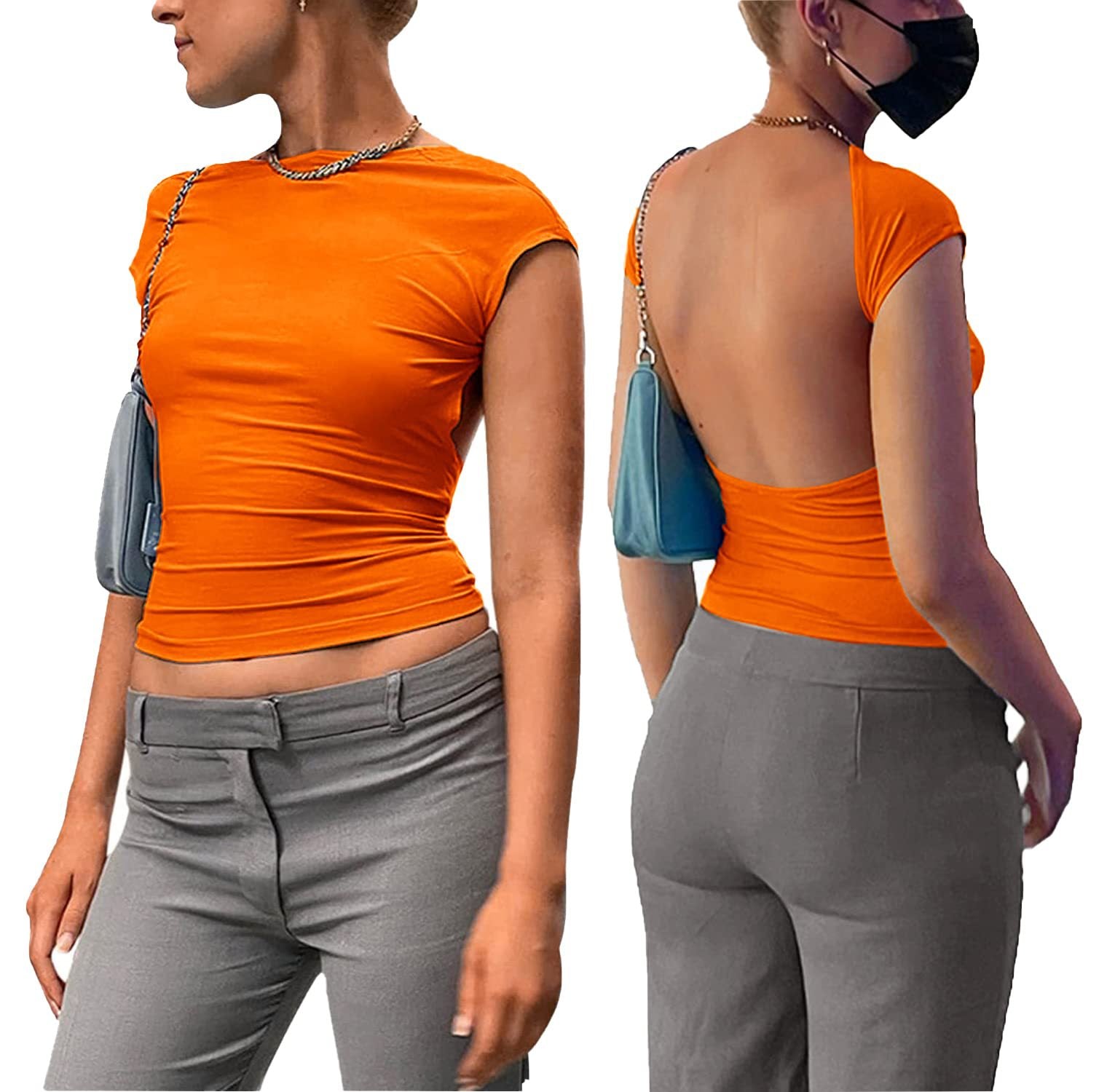 Solid-color casual hollow-out backless reverse slim top
